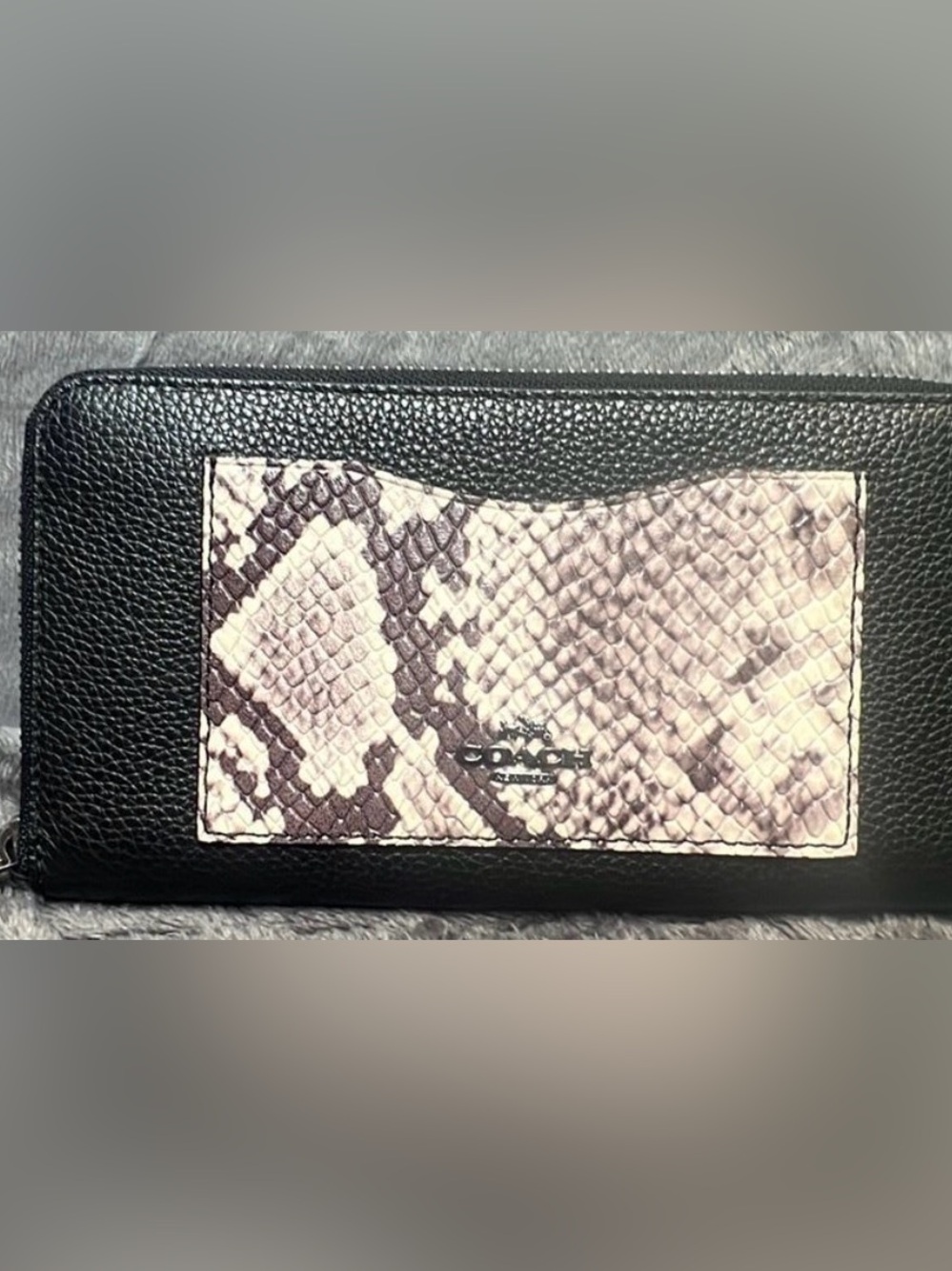 Coach Accordion Zip Wallet in Pebble Leather with Snakeskin Detail